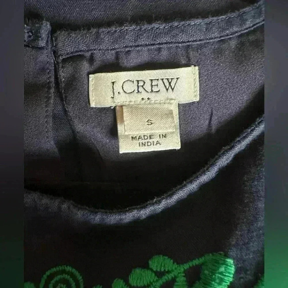 J Crew Factory Shift Dress Navy/Green Embroidered Linen Blend Pockets - Sz Small - Picture 7 of 12